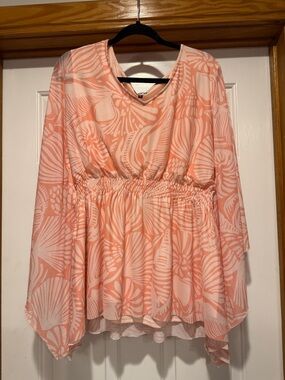 Smocked-Waist Coral Pink Floral V-Neck Blouse